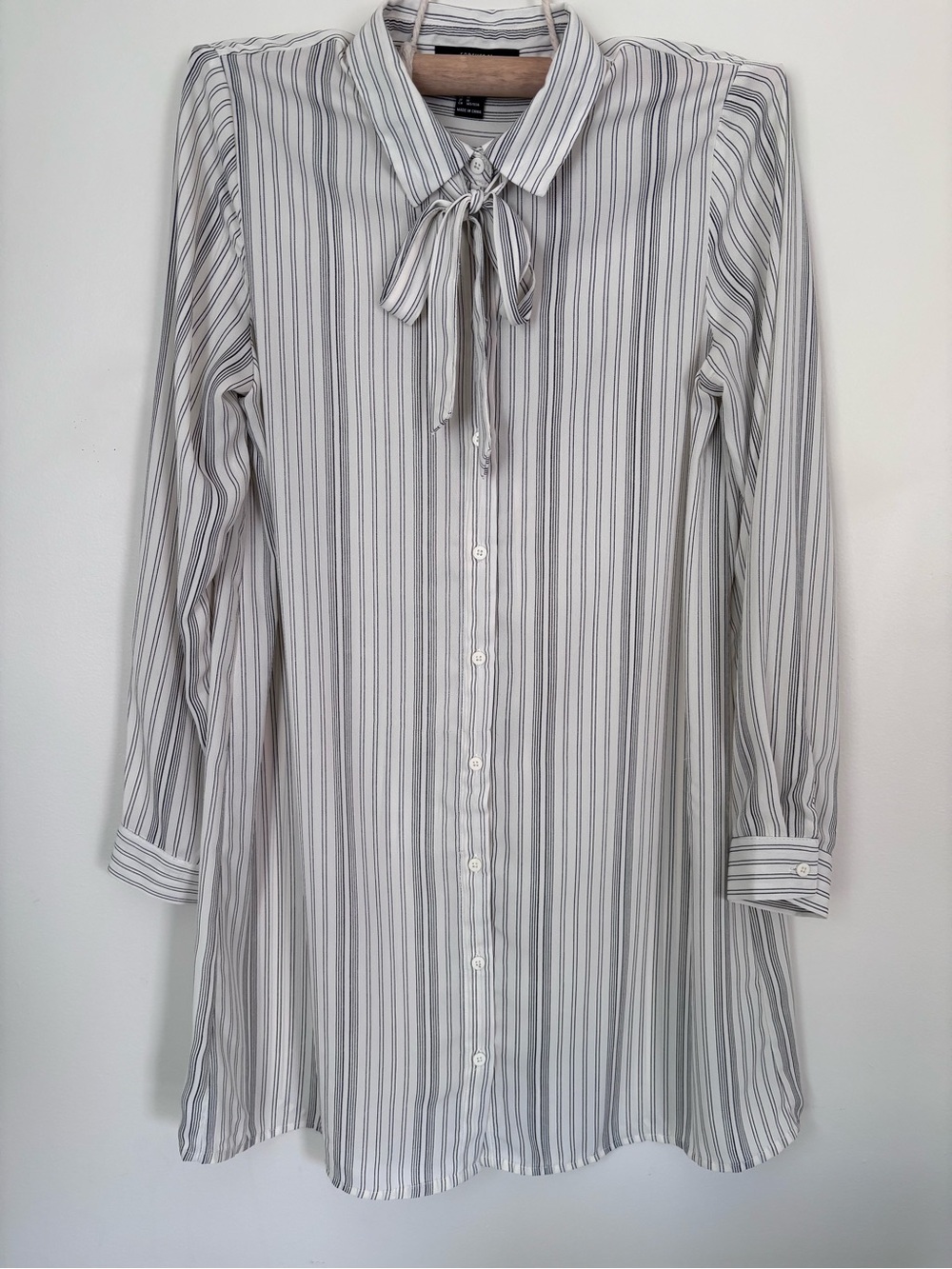 White and Gray Striped Long Sleeve Shirt Dress | Medium | Academia